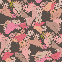 Cotton fabric seamless pattern of bird flowers on a brown background. Vector image