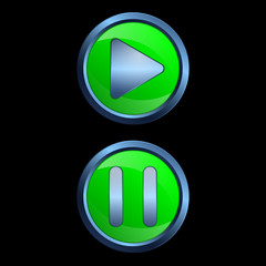 Play and Pause button icon with green glossy and metal frame. Symbol control of next, star, and stop. Vector design can use for multimedia player, audio, video, game, 