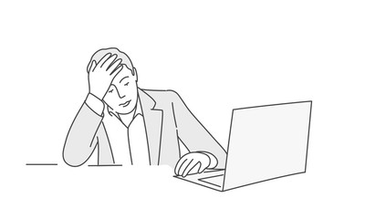 Man sits at table with laptop and holds his head. Hand drawn vector illustration.