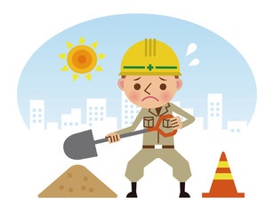 シャベルを持って働く作業員（昼間背景・暑い・きつい）