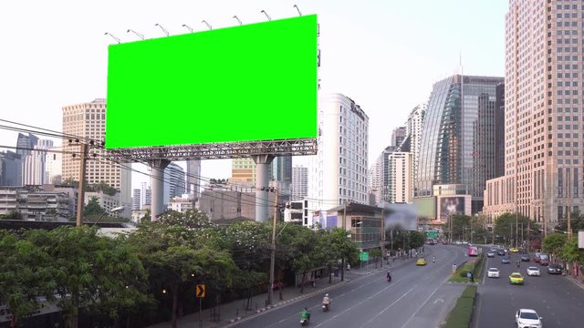 Billboard green screen with city traffic background. Bangkok thailand. 4K Resolution.