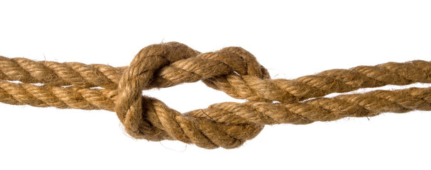 Sea knot tied on hemp or jute rope isolated on white background