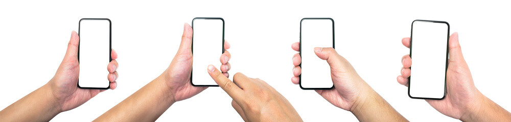 collection of men hand holding,touching and playing blank screen smartphones isolated on white background with clipping path