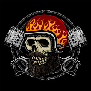 skull rider motorcycle with retro helmet, pistons and chains background
