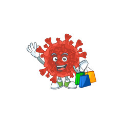 Smiley rich red corona virus mascot design with Shopping bag