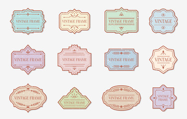 Retro vintage color labels with decorative elements flat set with grunge. Package sticker frame text template. Different shape border banner, menu design. Vintage badges isolated vector illustration