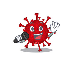 Cute betacoronavirus sings a song with a microphone