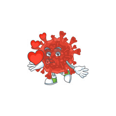 A romantic cartoon character of red corona virus with a heart