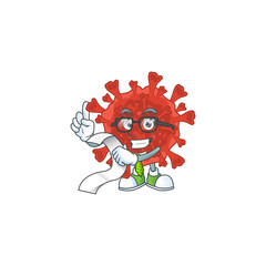 cartoon character of red corona virus holding menu on his hand