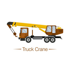 Yellow modern truck crane with brown cab and telescopic hydraulic boom