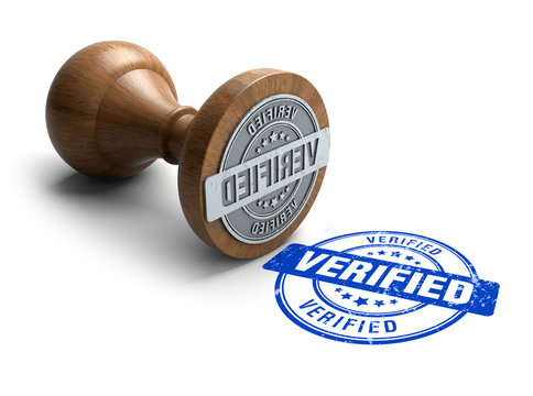 Verified stamp. Wooden round stamper and stamp with text Verified on white background. 3d illustration. rubber stamp.