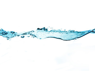  blue water surface with splash, waves and air bubbles on white background