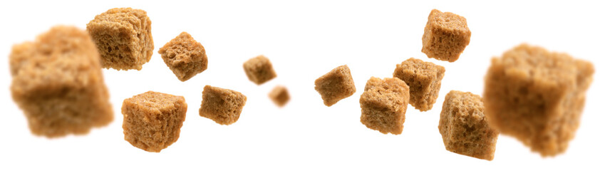 Bread croutons levitate on a white background - obrazy, fototapety, plakaty