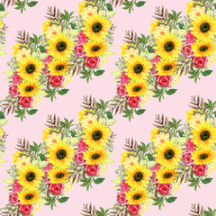 Watercolor botanical sunflower wild garden  foliage leaves Floral background for textiles Liberty sweet style fabric, covers, manufacturing, wallpapers, print, gift wrap