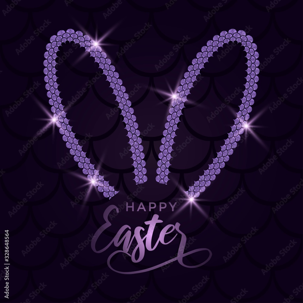 Wall mural Easter bunny ears with glitter mermaid scales vector background.Happy Easter vector background