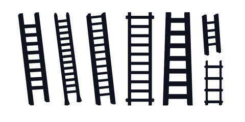 vector set of ladders in black and white style. Flat icons for web. 