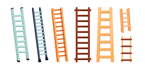 Set of aluminum and wooden ladders with stairs. Cartoon vector illustration isolated on white background © Katie