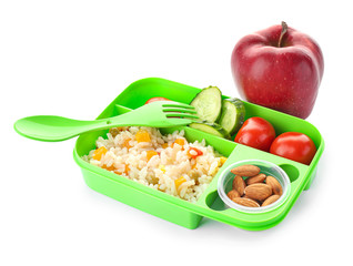 School lunch box with tasty food on white background