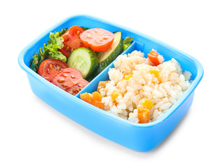 School lunch box with tasty food on white background
