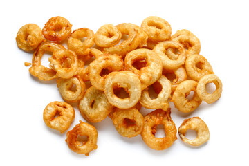 Crispy fried onion rings on white background