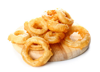 Crispy fried onion rings on white background