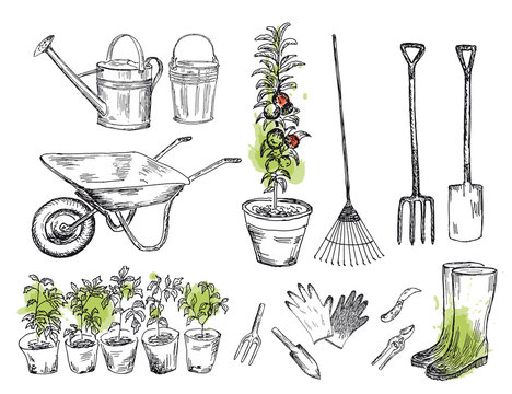 Gardening set with watercolor stains. Vector illustration