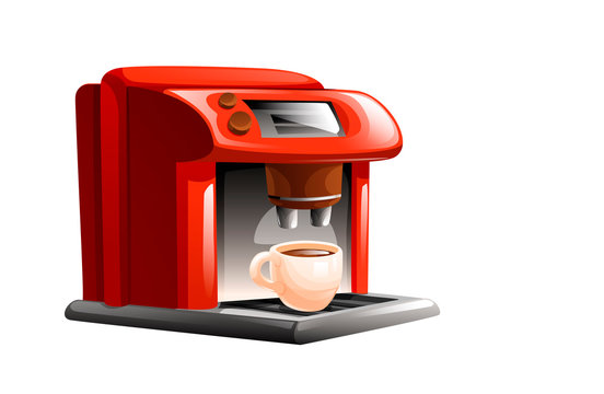 Modern coffee maker in red color with a cup