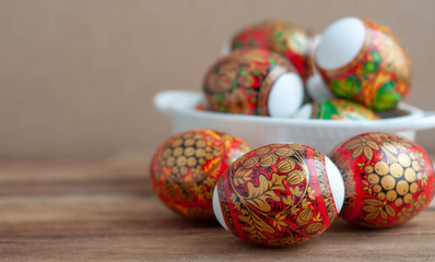 Easter. Colorful eggs on the table.