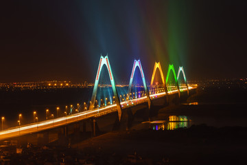 Aerial skyline view of Hanoi city, Vietnam. Hanoi cityscape by sunset period at Nhat Tan bridge