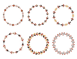 Set of round flat tribal frames from branches, flowers and berries. Floral vector template for invitation, greeting cards and your creativity. Natural herbal border