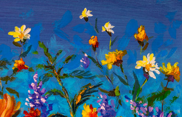 Fototapeta na wymiar Watercolour painting of Beautiful landscape image of Summer spring wildflowers, beautiful yellow purple flowers field on blue sky background