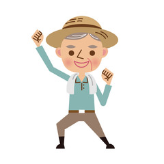 ガッツポーズをする年配の農夫