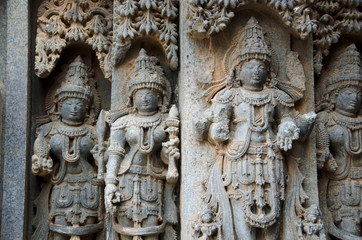 Fototapeta na wymiar Carved idols on the Chennakesava Temple, is a Vaishnava Hindu temple, Somanathapura, Karnataka, India