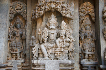 Carved idols on the Chennakesava Temple, is a Vaishnava Hindu temple, Somanathapura, Karnataka, India