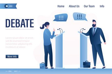 Debate before vote landing page template. Leaders of opposing political parties talking on public debates.