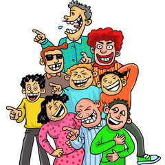 Funny cartoon people crowd laughing with their hands pointing someone