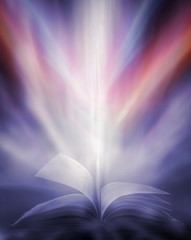 Imagine a picture book of an ancient book opened on a wooden table with a sparkling golden...