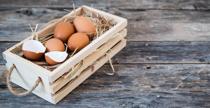 Laying eggs in a wooden box with straw