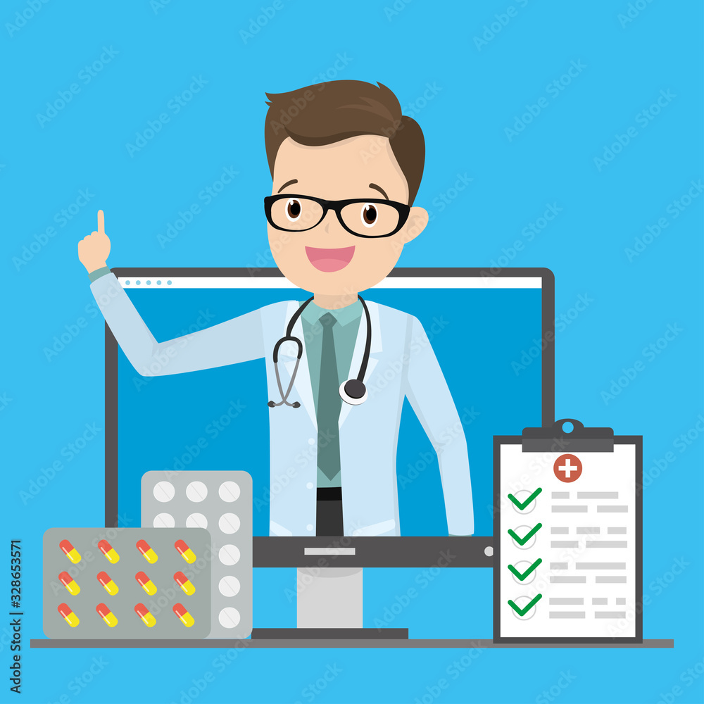 Wall mural online medicine, medical consultation,happy male doctor character on monitor screen