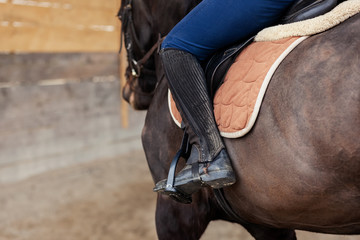 Closeup of a woman in riding gear sitting in a saddle on a brown horse on the training ground