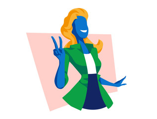 Giovane donna sorridente e felice fa il segno, gesto della pace, vittoria - illustrazione vettoriale