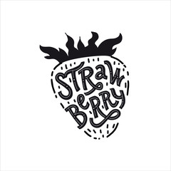 Obraz premium Strawberry Lettering- Hand-drawn vector flat cartoon illustration on an isolated white background. Great berry print for labels, juice or jams packs.