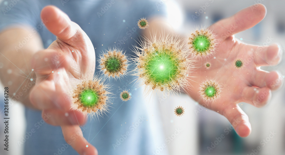 Poster Man analyzing bacteria on microscopic close-up 3D rendering