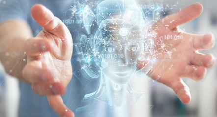 Man using digital artificial intelligence holographic projection 3D rendering