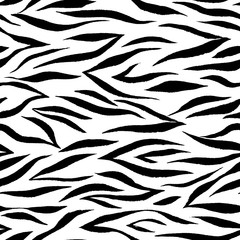 Striped pattern. Black curved lines with rough texture isolated on white. Simple seamless ornament. Animal zebra tiger print.