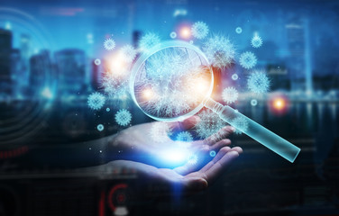 Man analyzing holographic cell projection through magnifying glass 3D rendering
