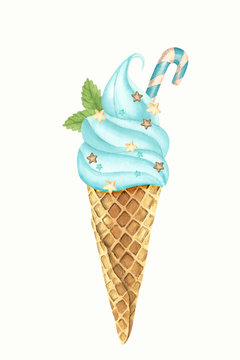 Watercolor turquoise ice cream with caramel and a sprig of mint. Hand-drawn illustration on a white background.