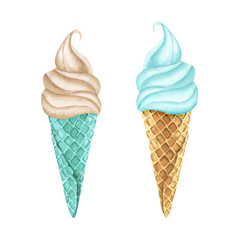 Watercolor set of ice cream in a waffle cone. Hand drawn illustration on a white background.