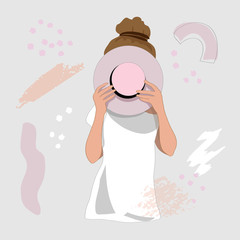 Vector illustration of a girl covers her face with a hat on a gray background. Trend without face