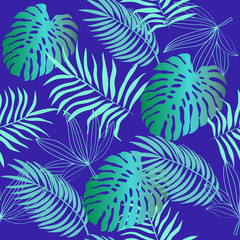 Vector illustration with green and blue silhouettes of tropical leaves seamless pattern on a blue background